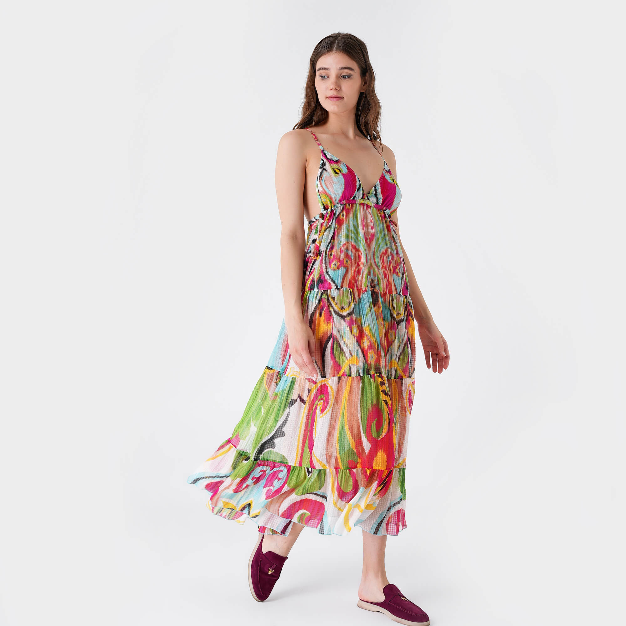 Etro - Pink&Green&Yellow&Blue Silk Strap Dress 